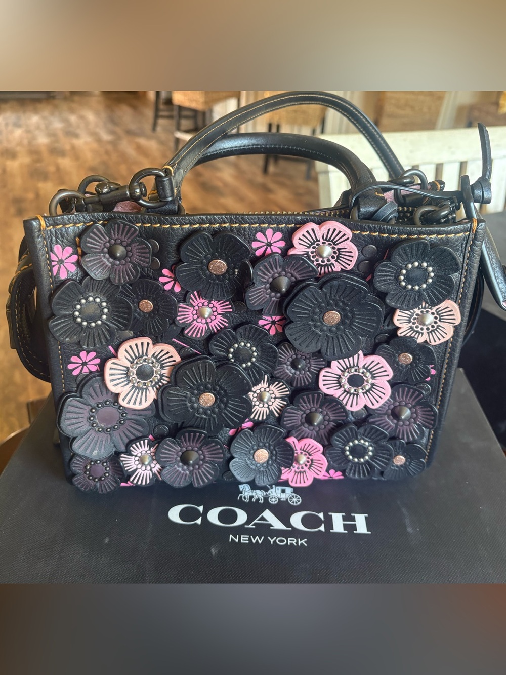Coach Rouge 1941 Black Leather Satchel with Tea Rose Pink Floral Appliqués - Picture 3 of 9